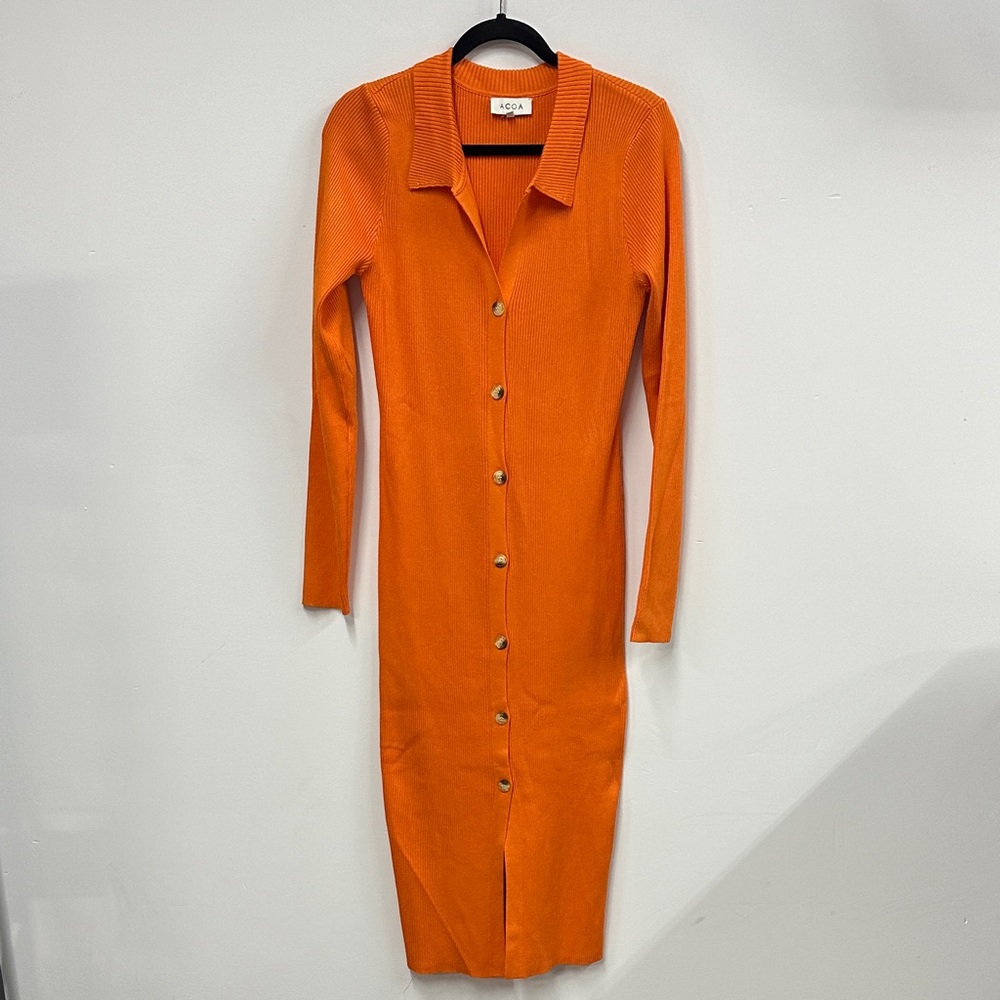 ACOA Stylish Orange Long Sleeve Button-Up ribbed Dress L